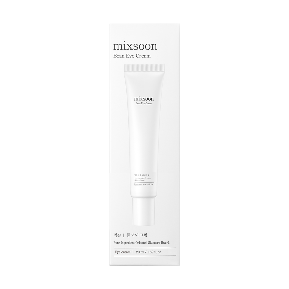 A white rectangular box for mixsoon Bean Eye Cream with a centered illustration/photo of a white eye cream tube, shown on a plain white background.