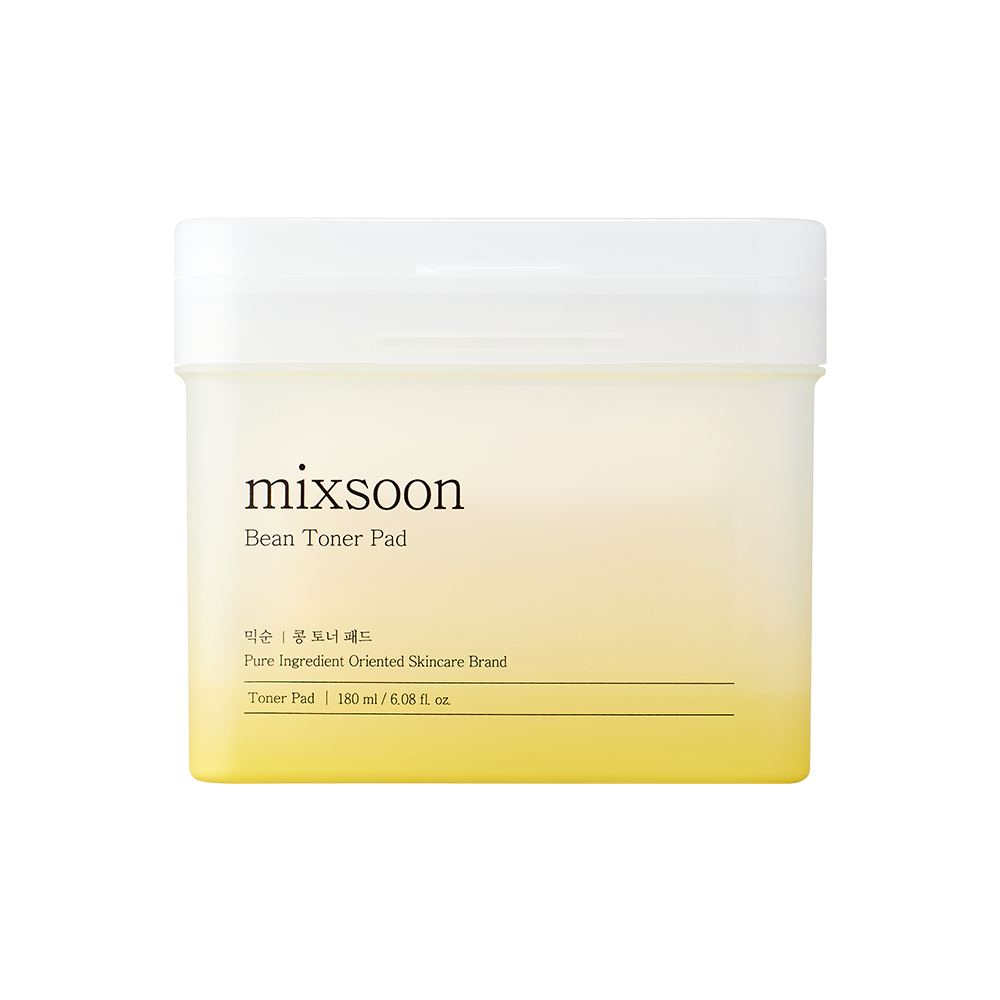 Container of mixsoon Bean Toner Pad with a white cap, featuring a yellow-to-white gradient on the front label, set against a plain white background.