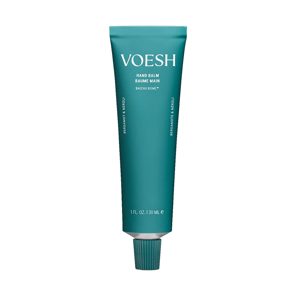 A teal squeeze tube of VOESH Hand Balm with a ribbed teal cap, centered on a plain white background.