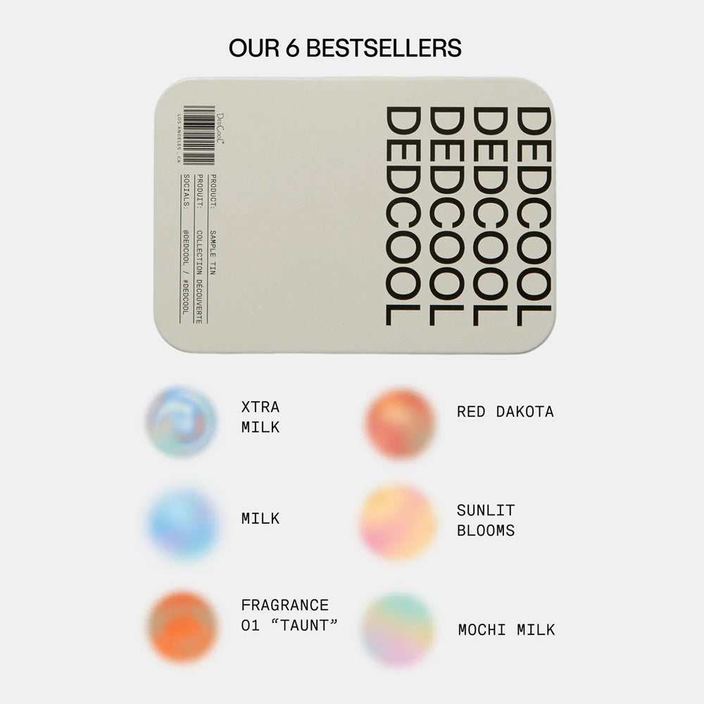 Product packaging with brand name and color swatches labeled 'Xtra Milk', 'Red Dakota', 'Milk', 'Sunlit Blooms', 'Fragrance 01 Taunt', and 'Mochi Milk' on a light background.