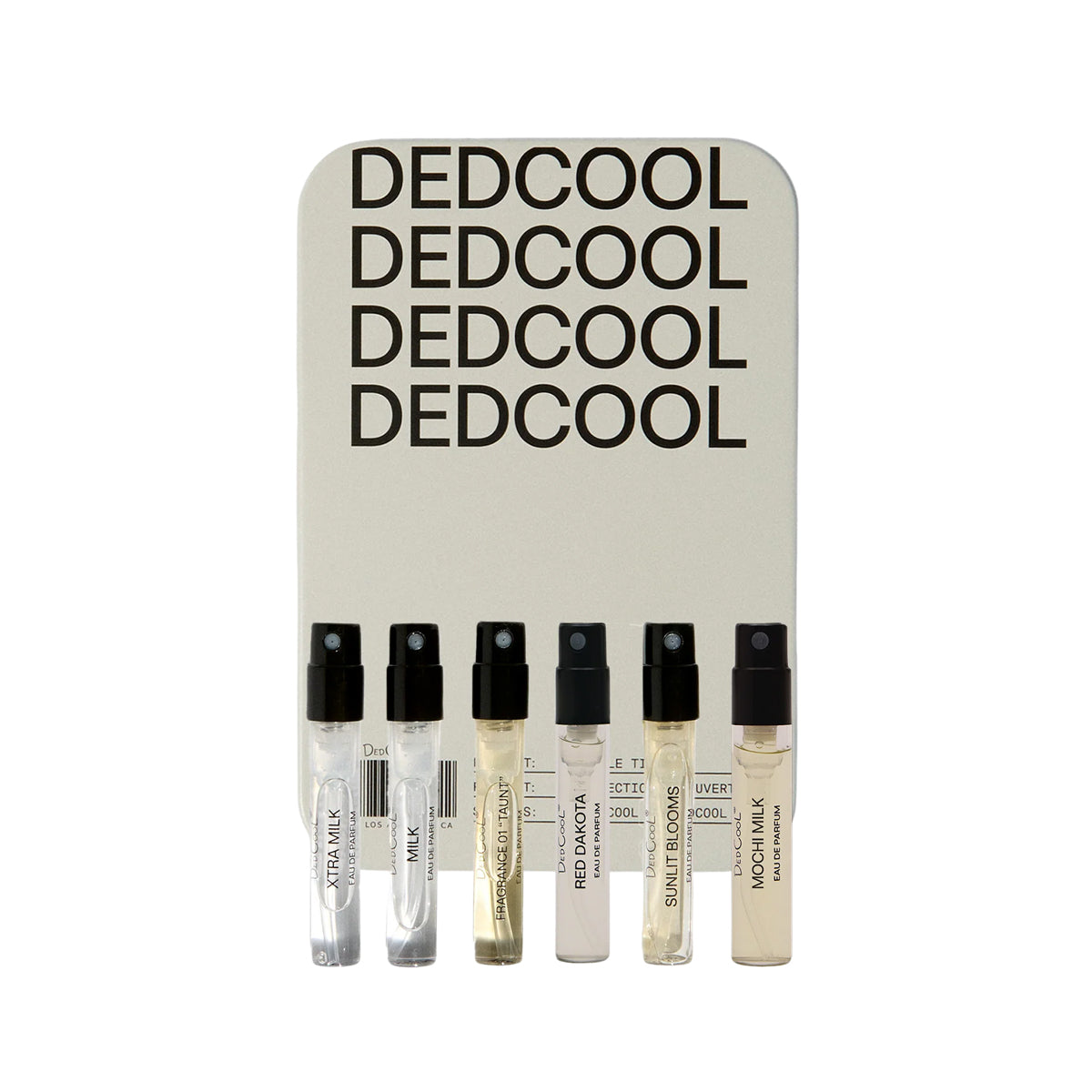 Set of small perfume bottles with 'DEDCOOL' branding on a white background