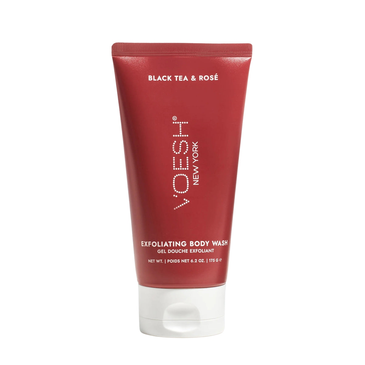 Red tube of Voesh exfoliating body wash on a white background