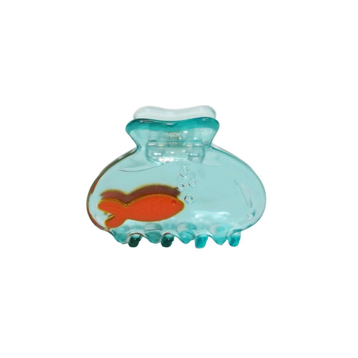 A translucent aqua blue hair claw clip featuring an orange fish illustration on the front, shown against a plain white background.