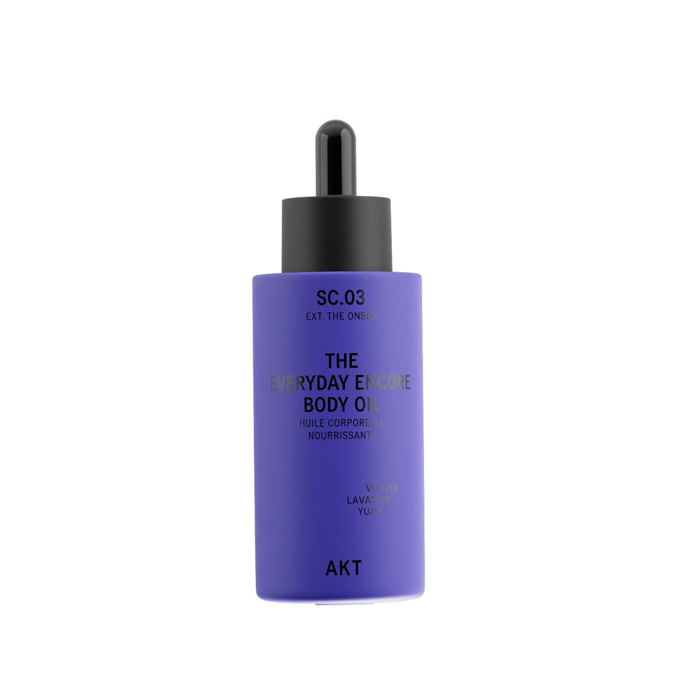 A bottle of AKT The Everyday Encore Body Oil Sc.03, featuring a vibrant purple bottle and a black dropper cap, centered on a plain white background.