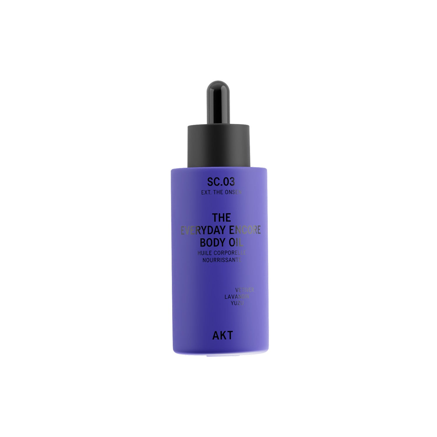 A bottle of AKT The Everyday Encore Body Oil Sc.03, featuring a vibrant purple bottle and a black dropper cap, centered on a plain white background.
