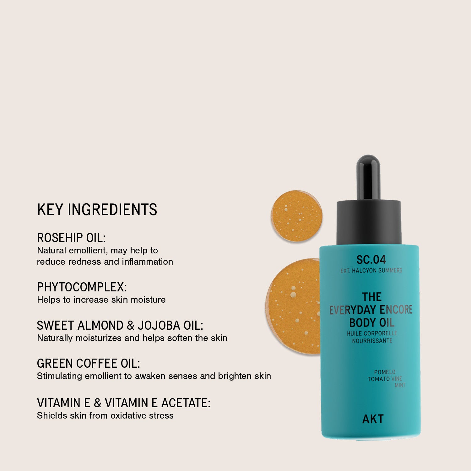 A turquoise and black bottle of AKT SC.04 The Everyday Endure Body Oil shown next to two circular gold oil droplets and a text list detailing key ingredients on a light beige background.