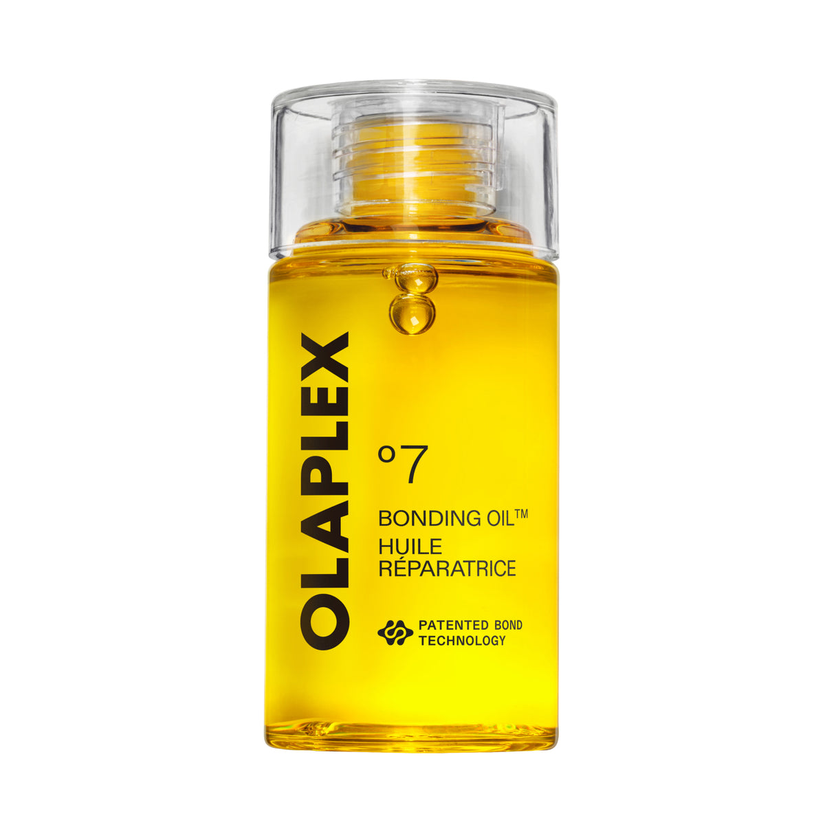 A bottle of Olaplex Bonding Oil No. 7 with bright yellow oil inside, a clear cap, and black text on a white background.