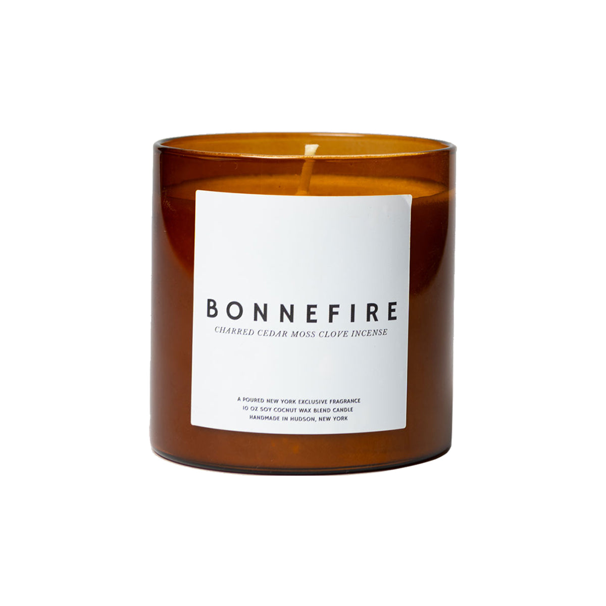 Brown candle with a white label displaying 'Bonnefire' on a white background