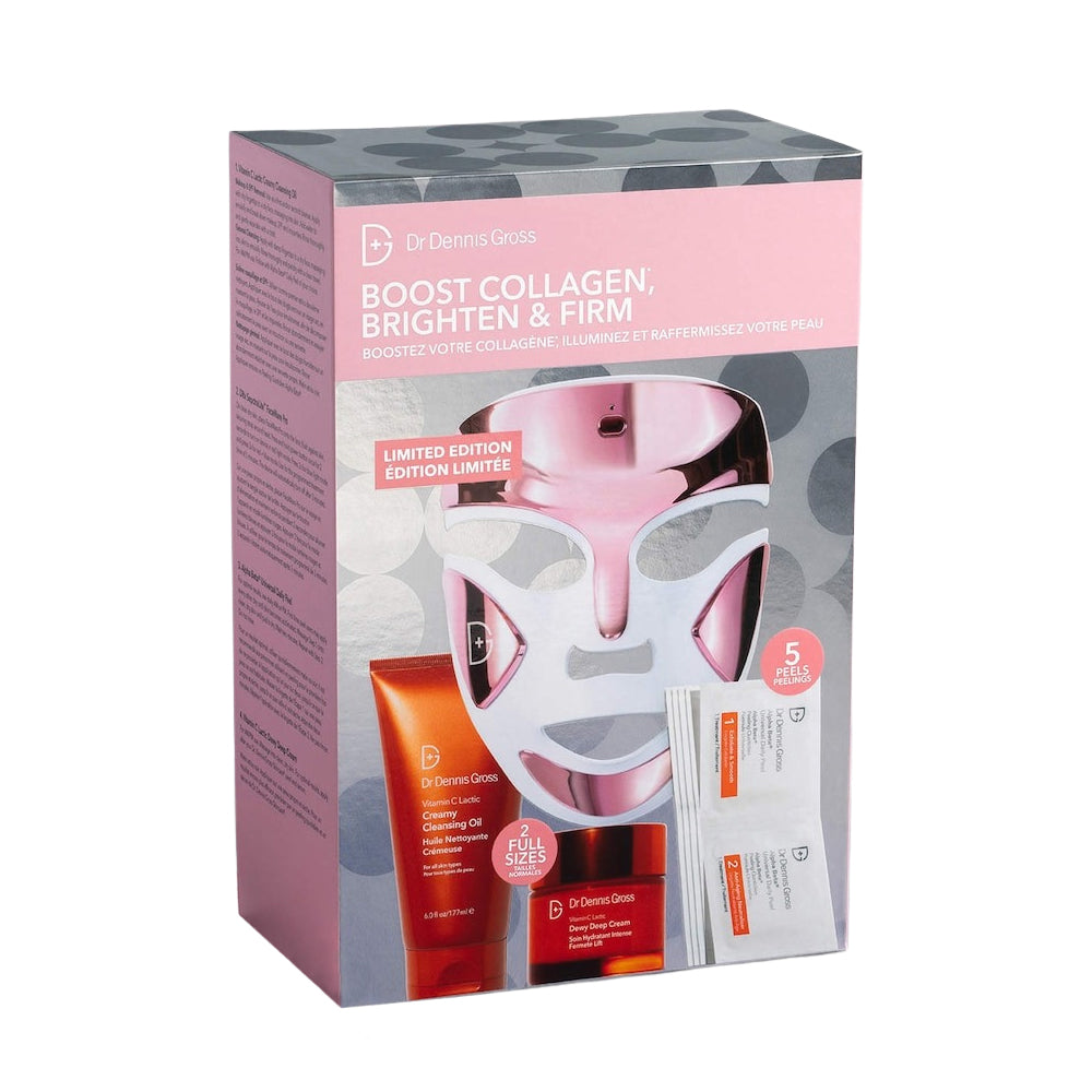 Dr. Dennis Gross skincare product packaging with pink mask and red cream on a white background