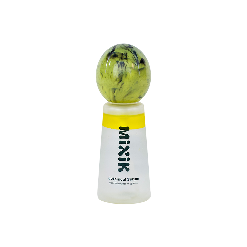 A bottle of MikiK Botanical Serum with a white and yellow label and a distinctive green marbled spherical cap, shown on a plain white background.