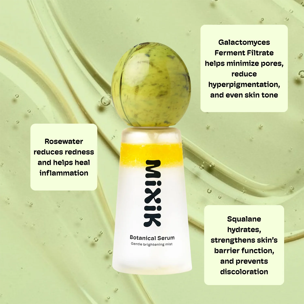 MIXIK Botanical Serum bottle centered on a pale green background with decorative droplets and three text callouts describing ingredients and benefits. The bottle has a white lower body with black MIXIK branding, a yellow liquid band near the top, and a translucent green oval cap.
