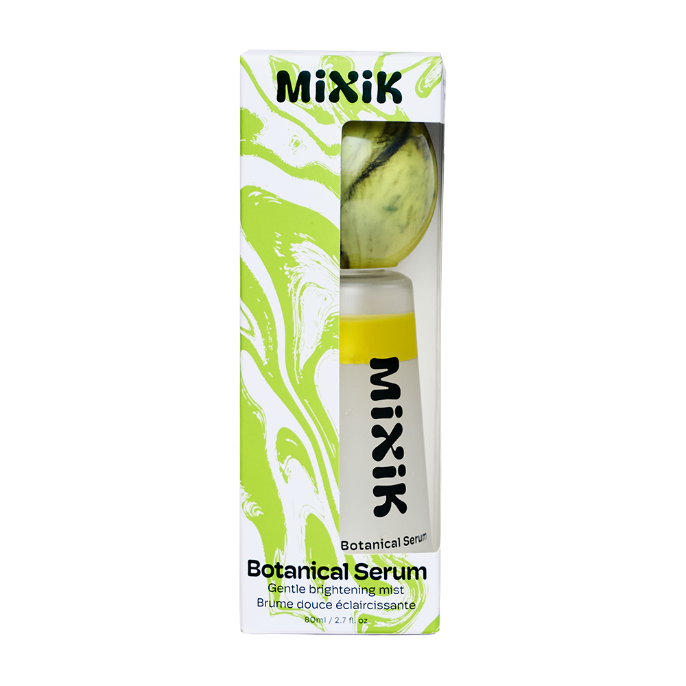 Mixik Botanical Serum in its original packaging, featuring a white and lime green box with a clear window showing the yellow-green serum tube inside.