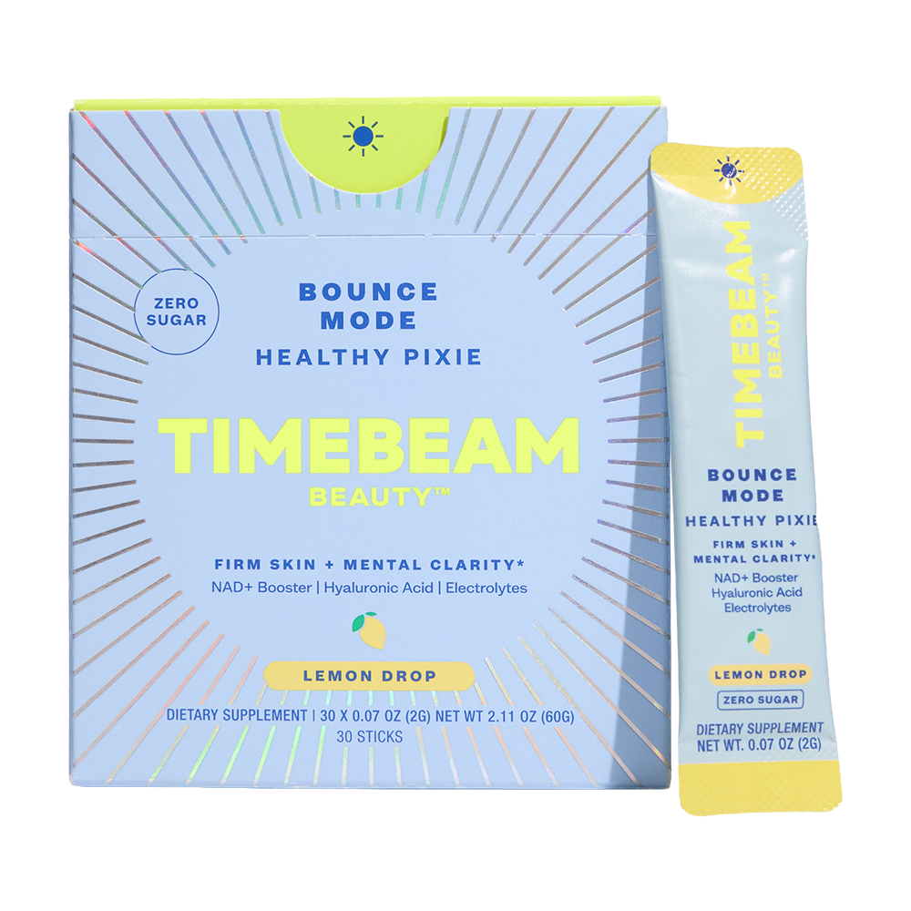 Timebeam Beauty - AM Bounce Mode Healthy Pixie box and packet in front of a white background