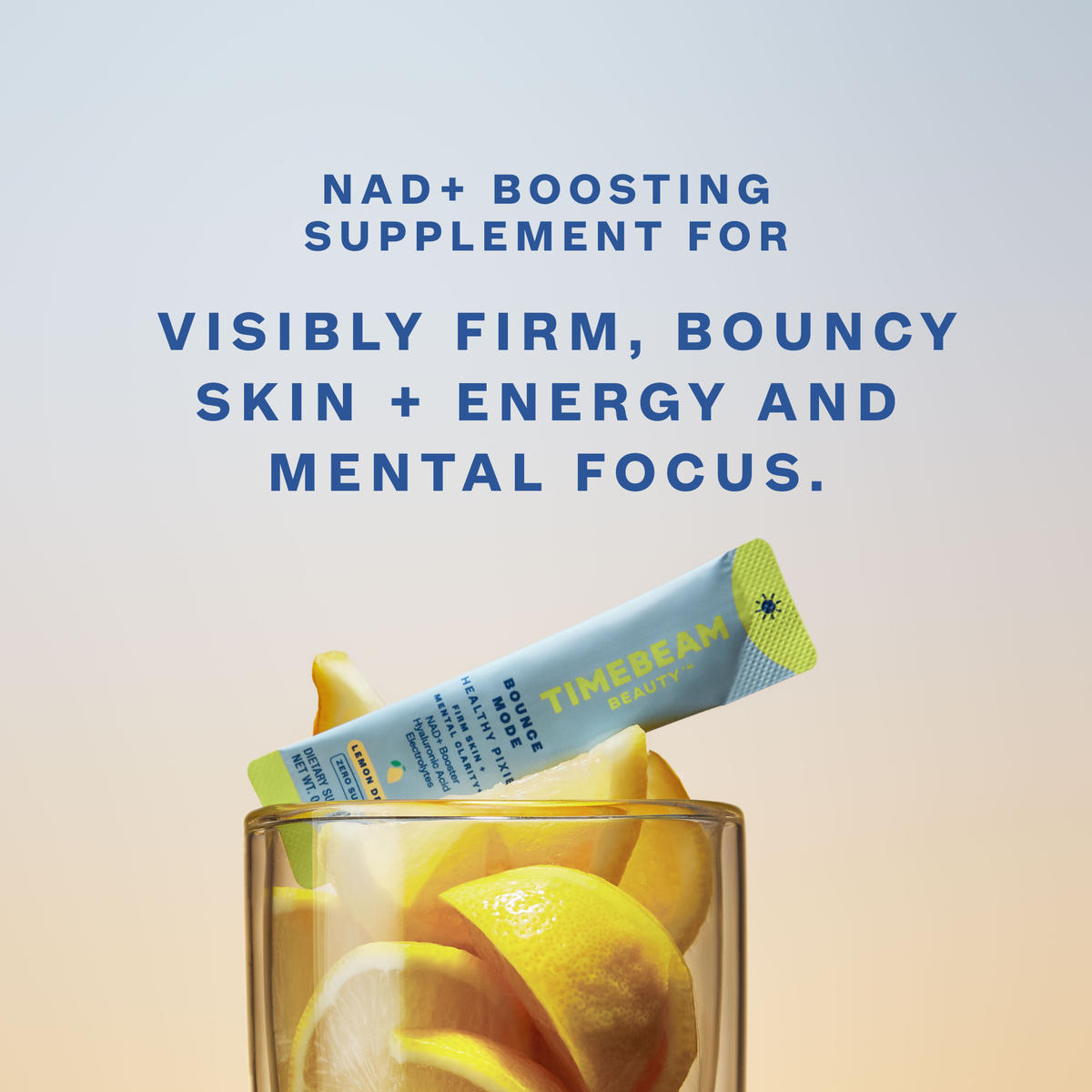 Packet of Timebeam Beauty - AM Bounce Mode Healthy Pixie on top of a glass of lemon wedges in front of a neutral background. Text explains basic benefits