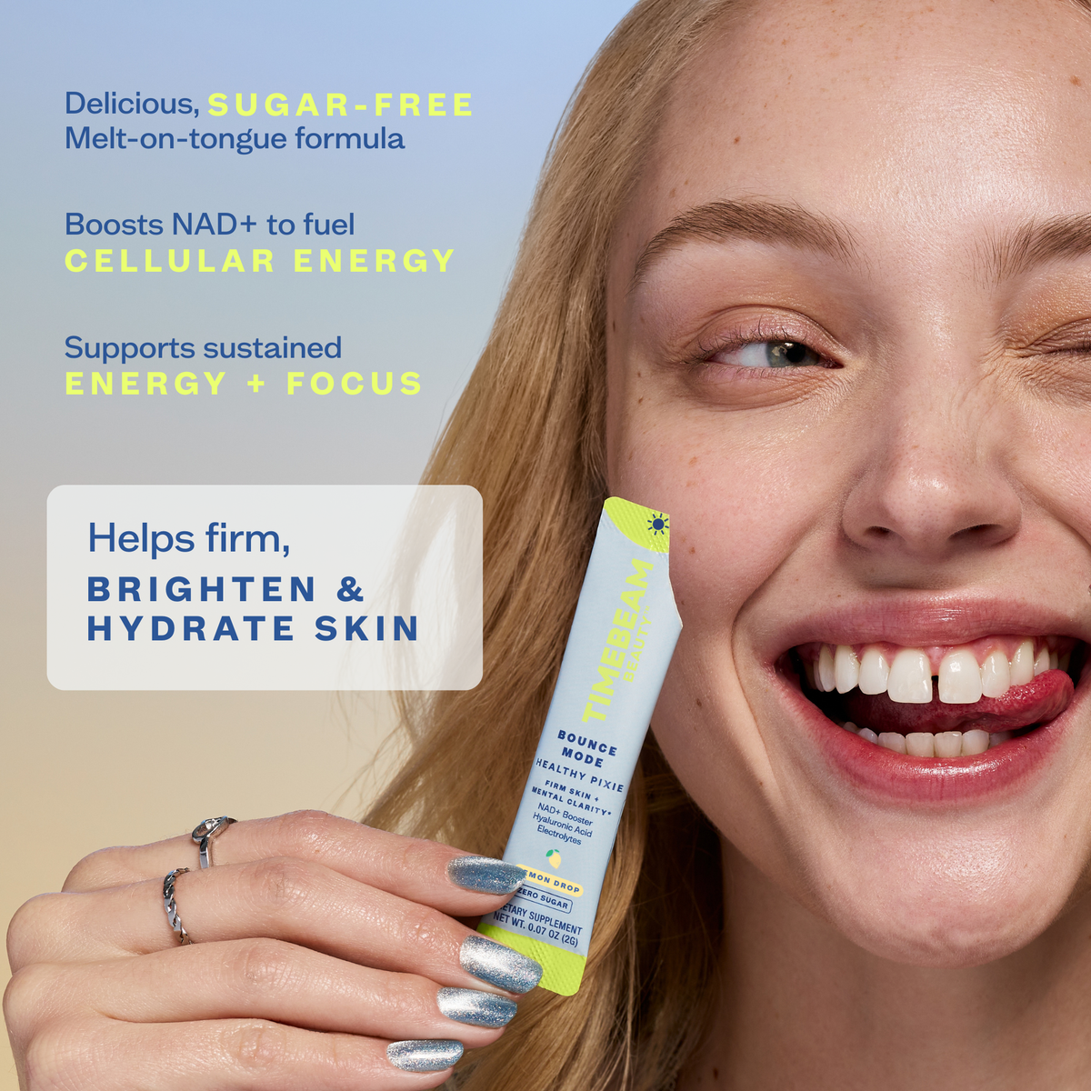Woman holding an open packet ofTimebeam Beauty - AM Bounce Mode Healthy Pixie in front of a neutral background. Text explains basic benefits