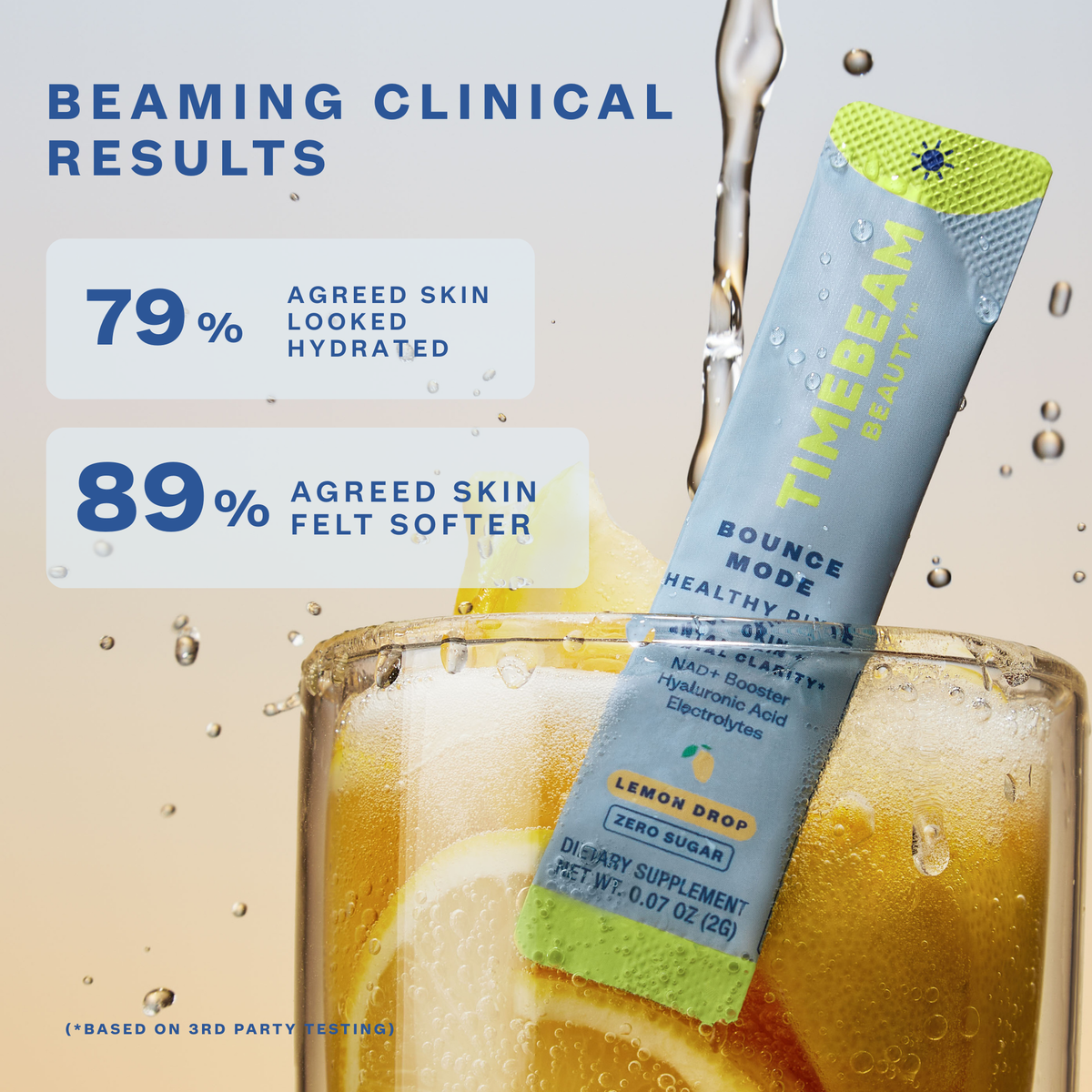 Packet of Timebeam Beauty - AM Bounce Mode Healthy Pixie in a glass of lemonade on a neutral background with accompanying text that calls out potential use benefits