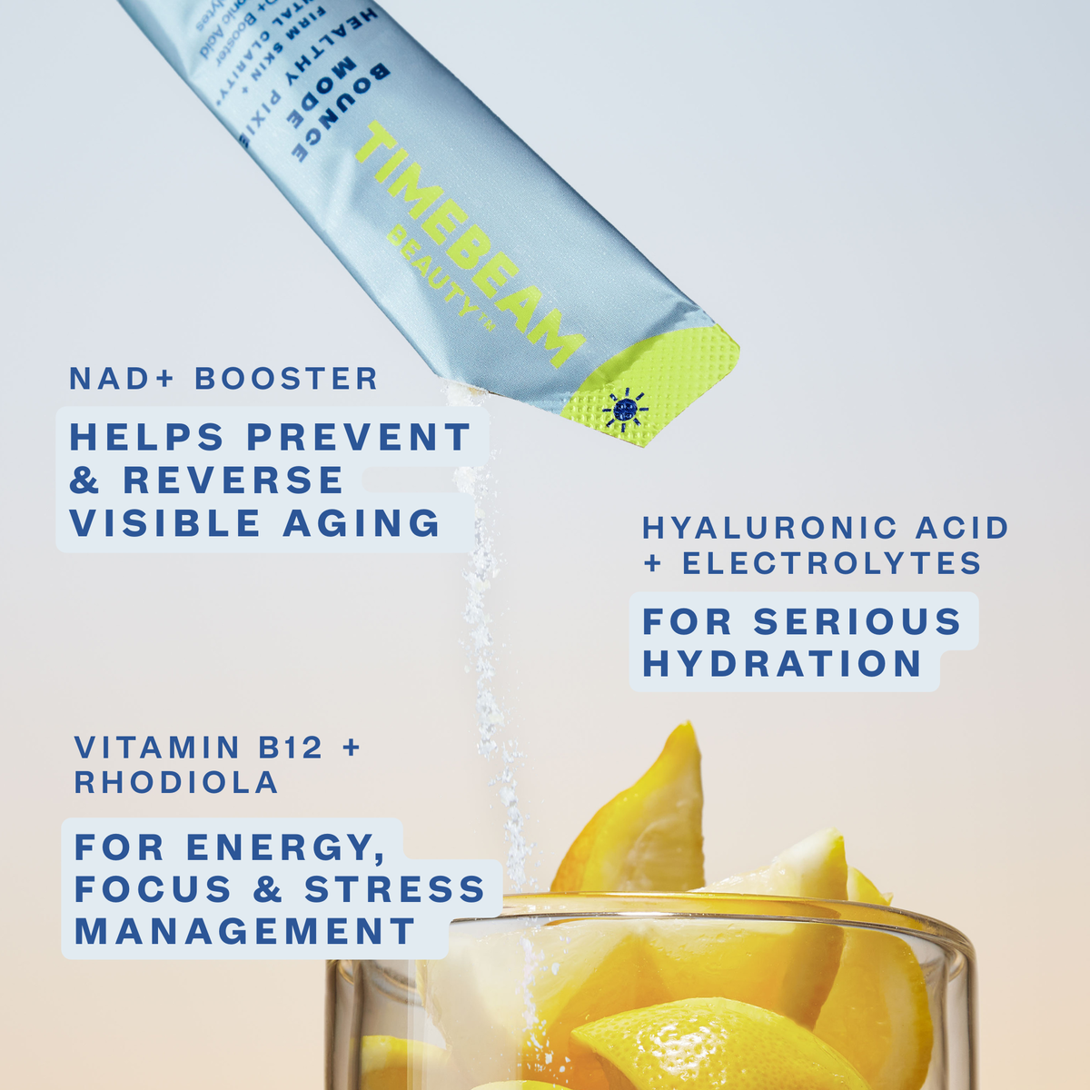 Packet of Timebeam Beauty - AM Bounce Mode Healthy Pixie pouring into a glass of lemons and text highlighting benefits