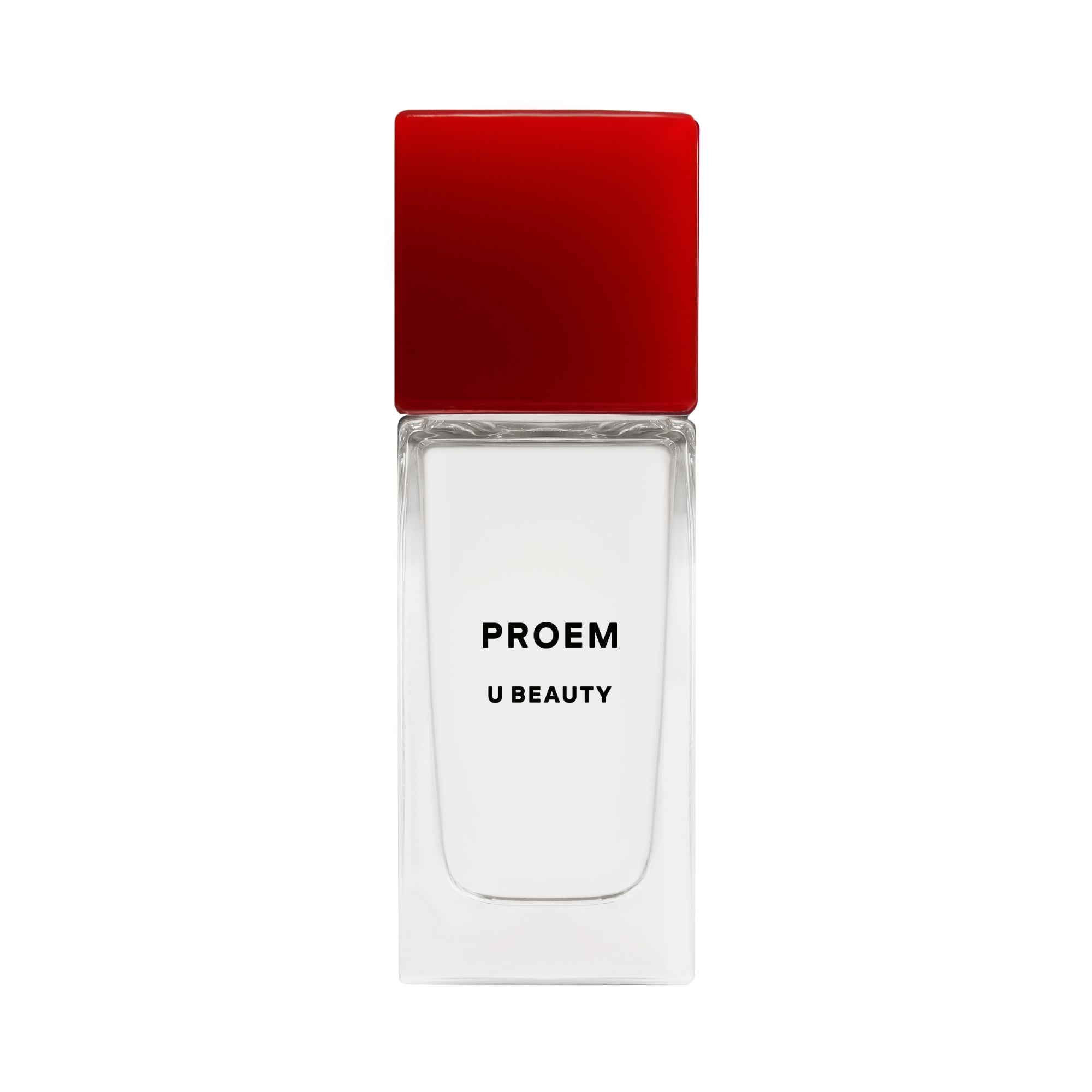 Perfume bottle with red cap and clear body on white background