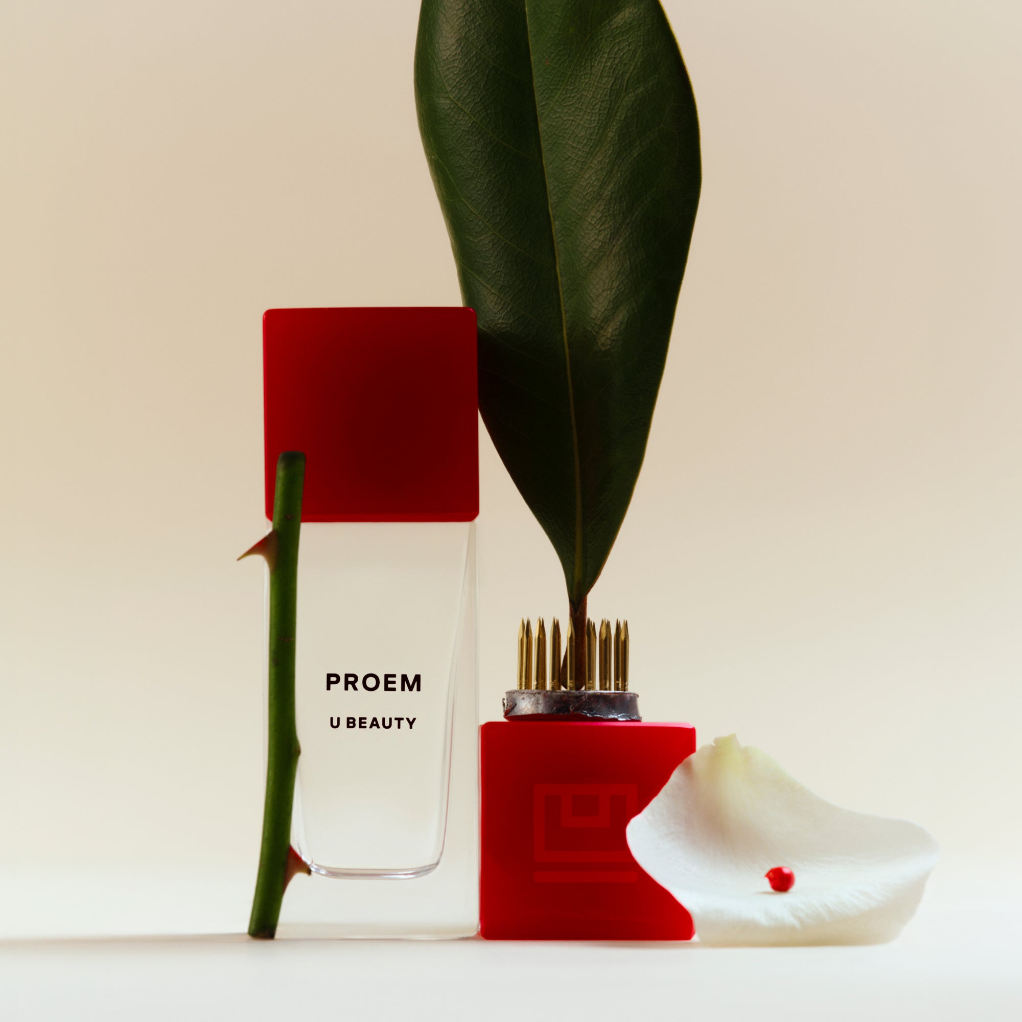 Red and clear bottle with plant stems and a leaf on a white background