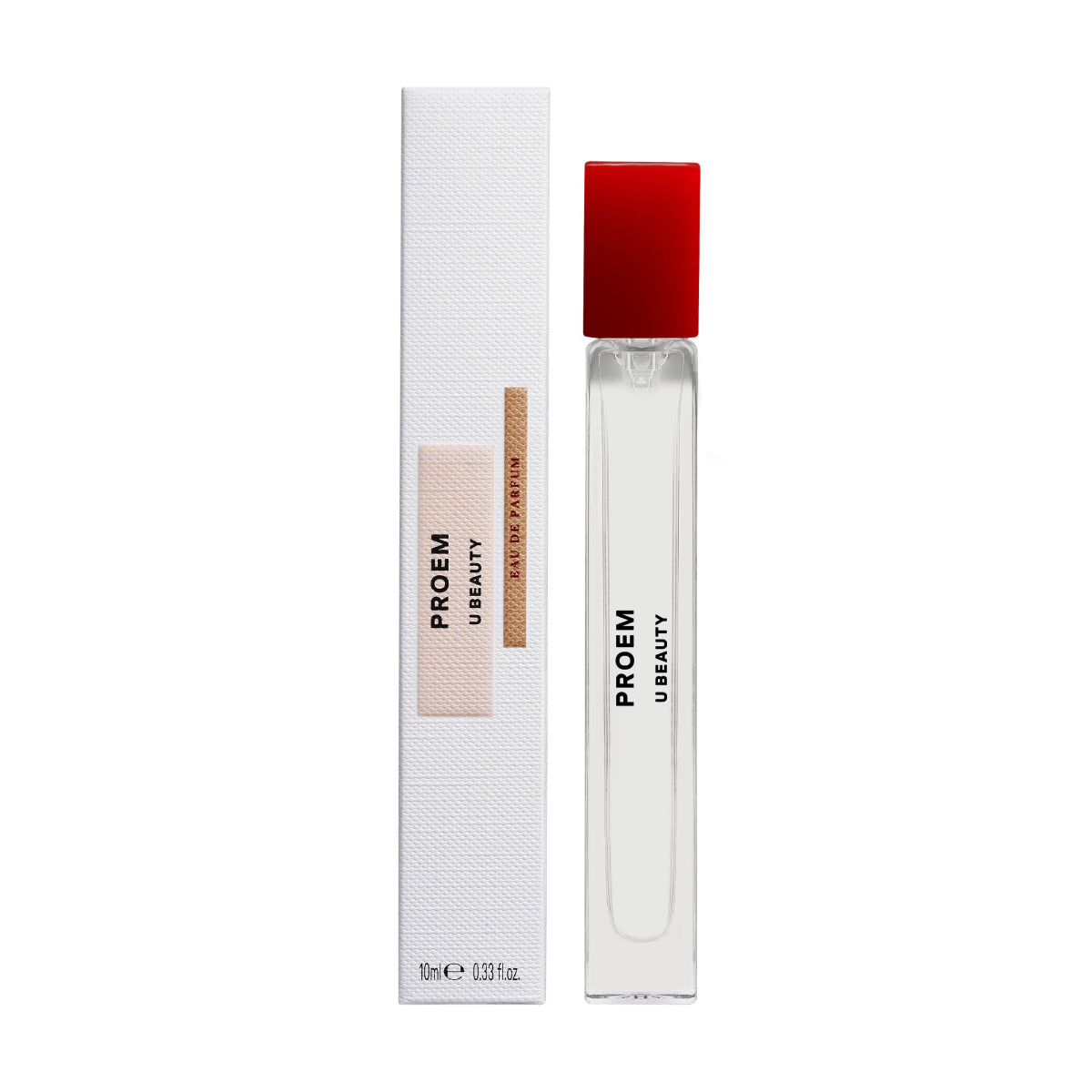 Proem U Beauty perfume bottle with red cap and packaging on a white background