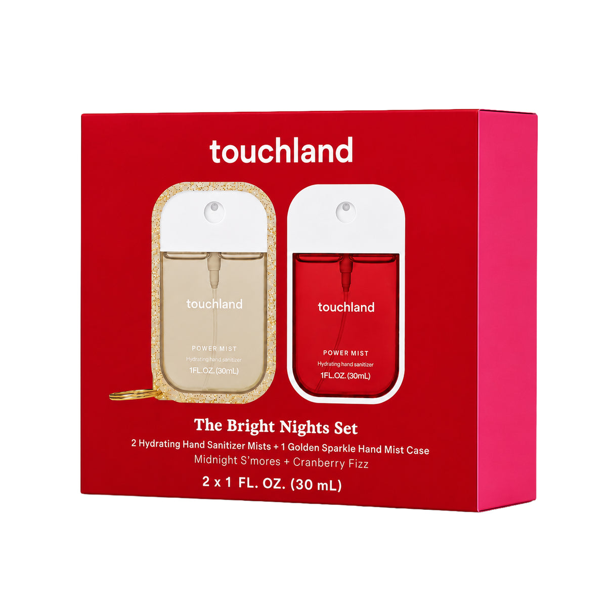 Touchland The Bright Nights Set gift box, featuring a red packaging box with images of a gold glitter hand sanitizer mist bottle and a red power mist hand case.