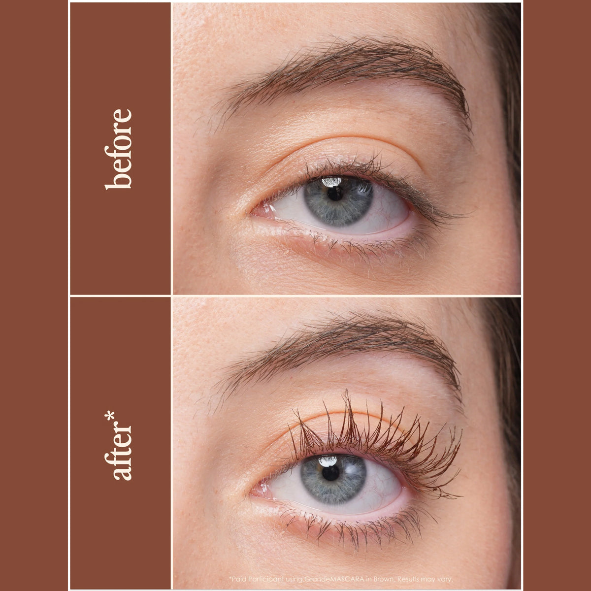 Before and after comparison of an eye with Mascara on a brown background.