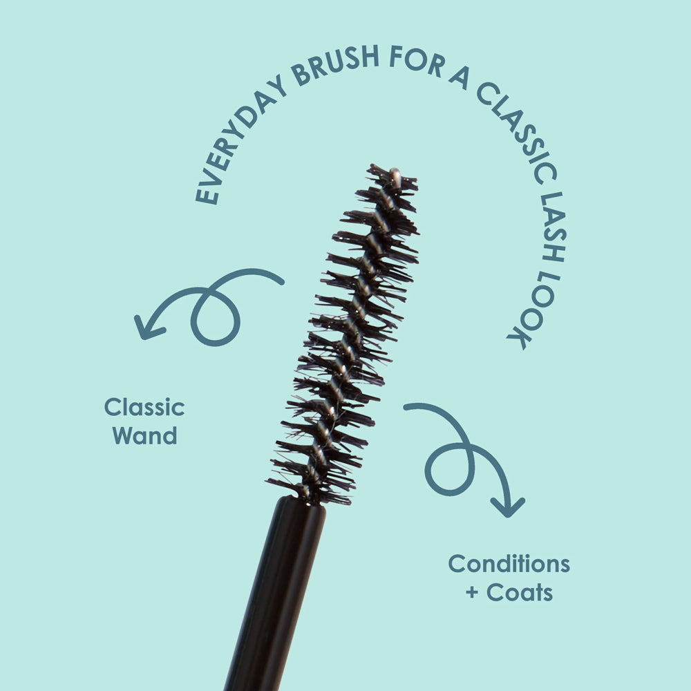 Mascara brush with text on a light blue background