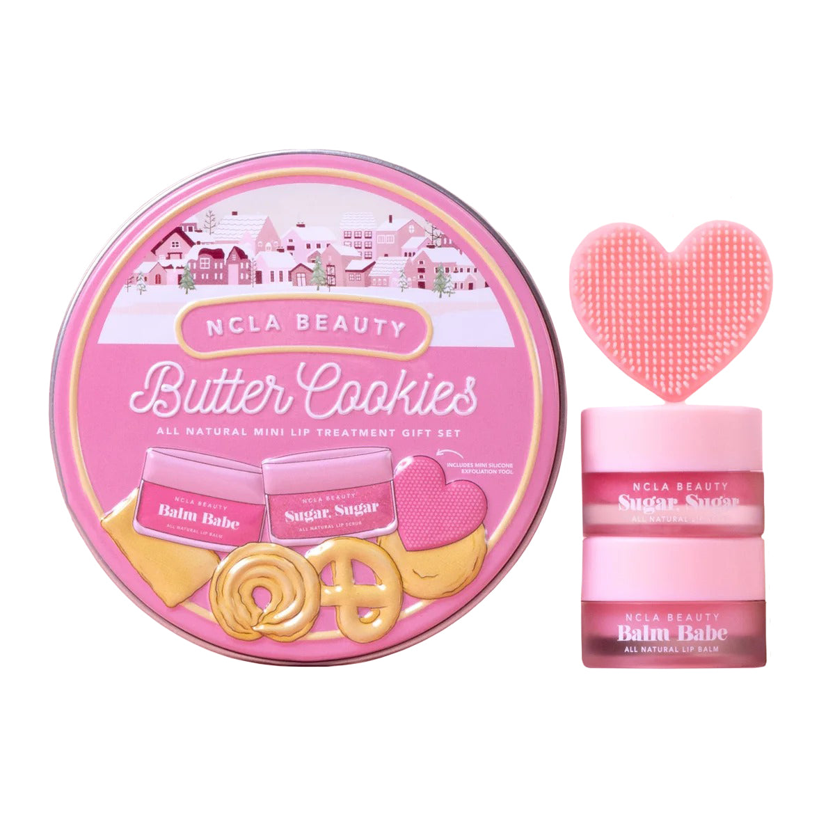 NCLA Beauty Butter Cookies lip treatment set with a pink heart-shaped container on a white background