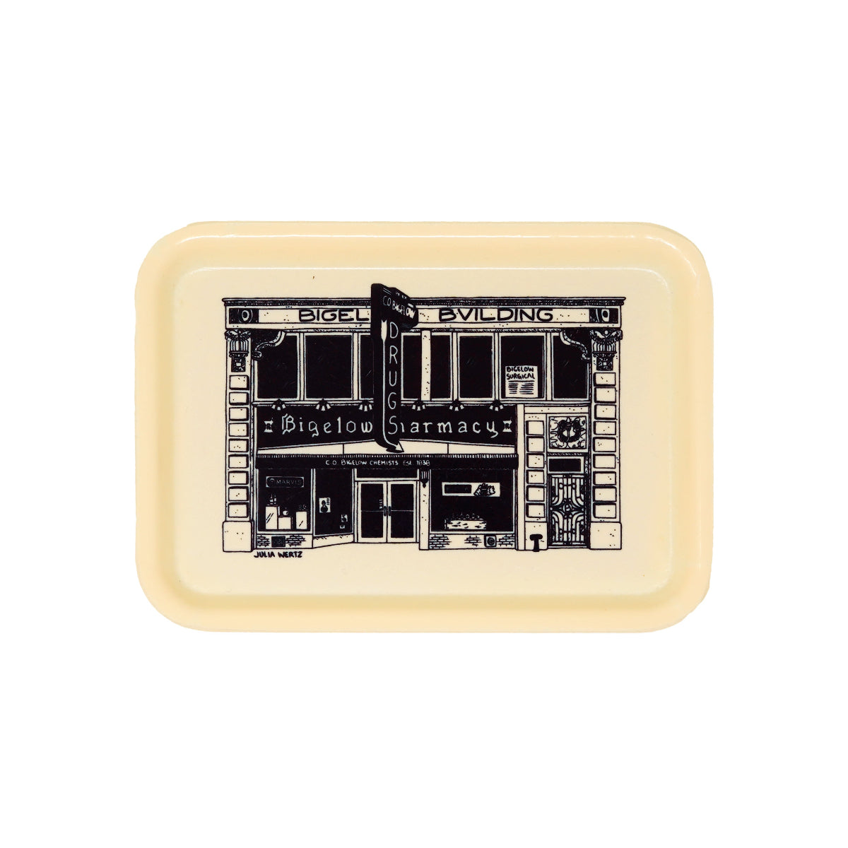 Rectangular catchall tray with black and white graphic of a building on a beige background