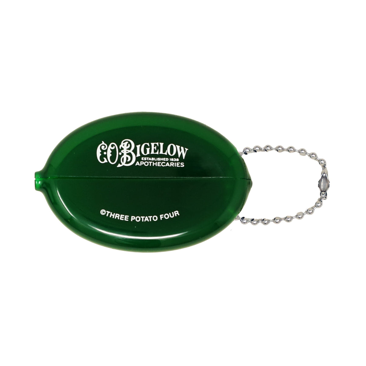 Green coin pouch with 'CO Bigelow' branding on a white background
