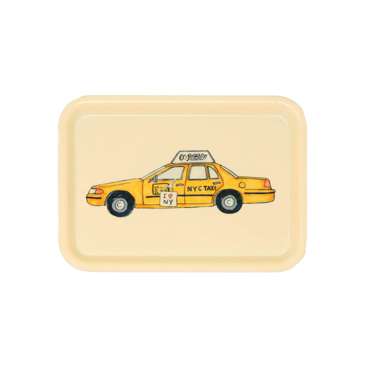 Rectangular trinket tray with a yellow taxi illustration on a white background.