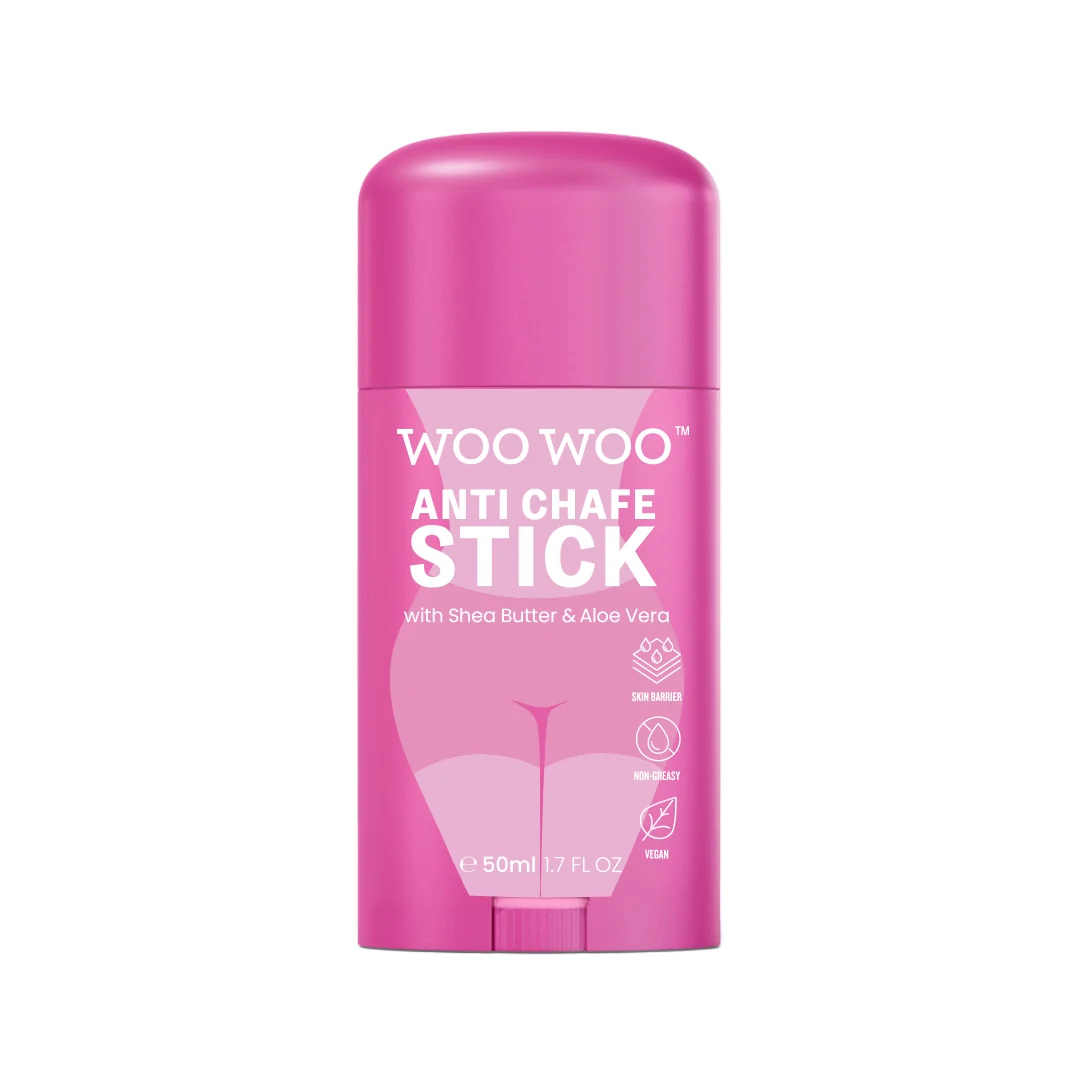 A pink deodorant stick container labeled 'WOO WOO ANTI CHAFE STICK' with white text and icons, shown on a plain white background.