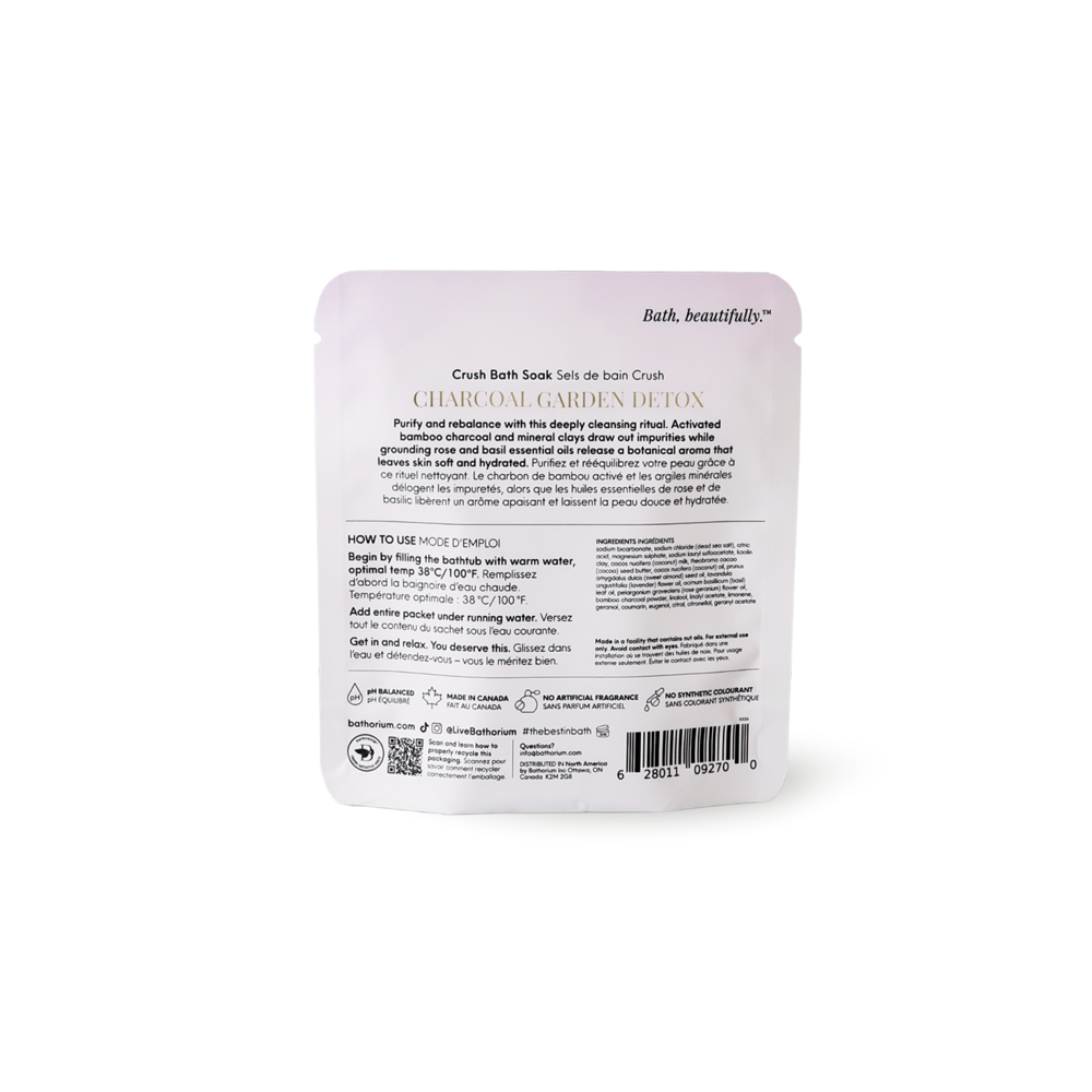 The back of Bathorium Charcoal Garden Detox, Detoxifying Crush Bath Soak shown on a plain white background.