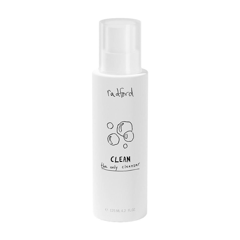 A white bottle of Radford Clean - the only cleanser with a clear cap, shown on a solid white background.