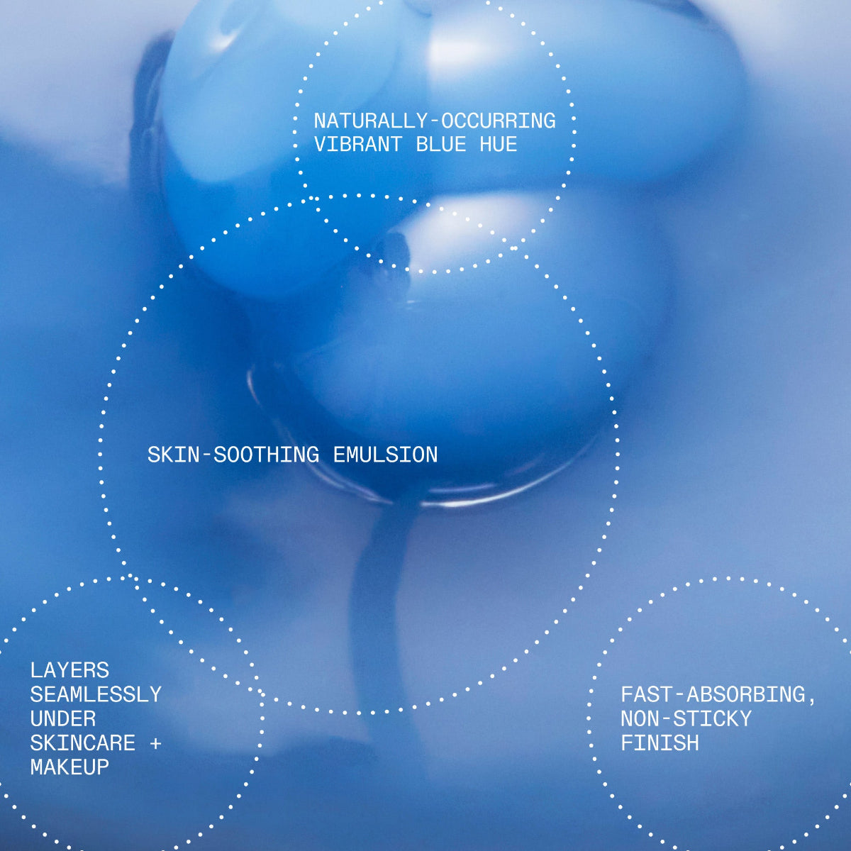 Blue emulsion droplets with text highlighting features on a blue background