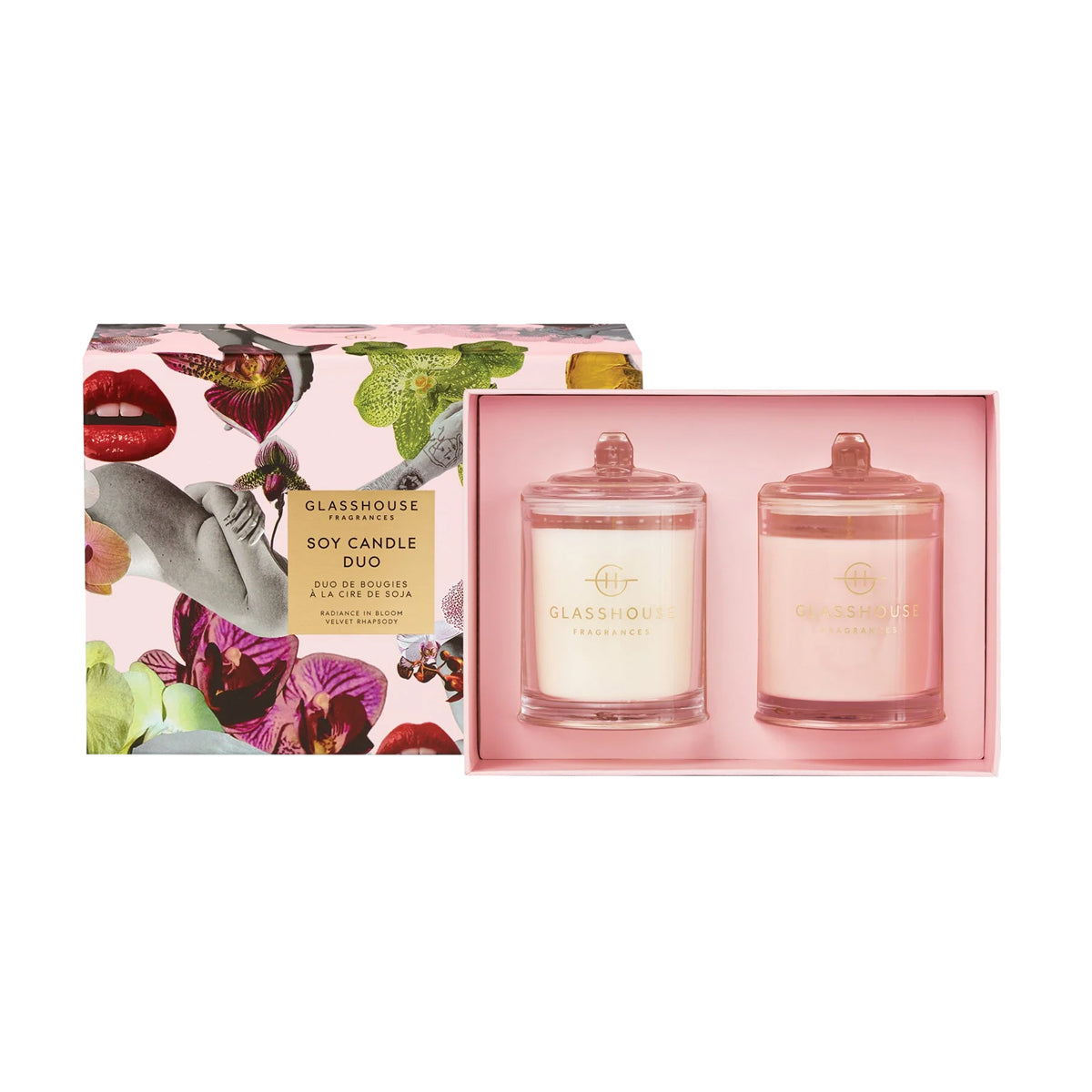 Glasshouse soy candle duo set with floral and artistic design packaging on a white background
