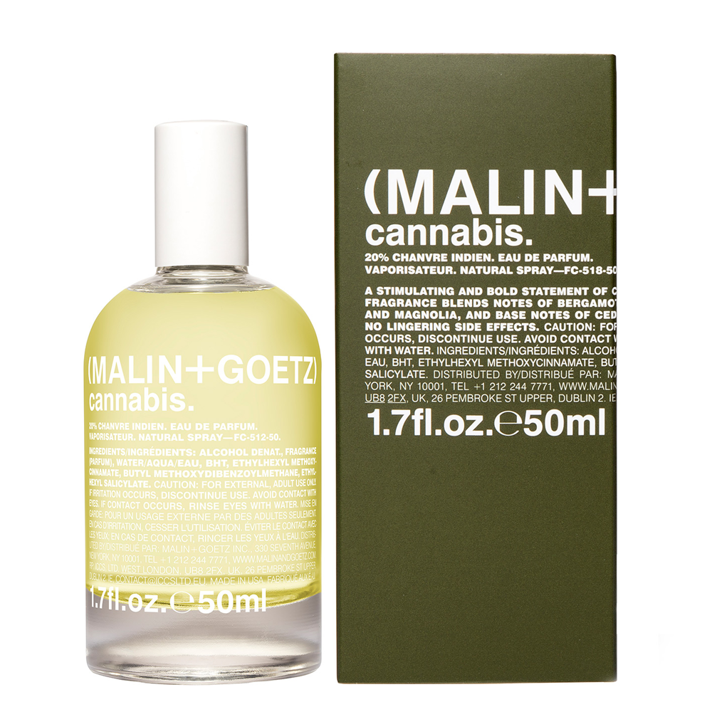 A bottle of Malin Goetz cannabis-infused perfume next to its dark olive green packaging box, on a clean white background.