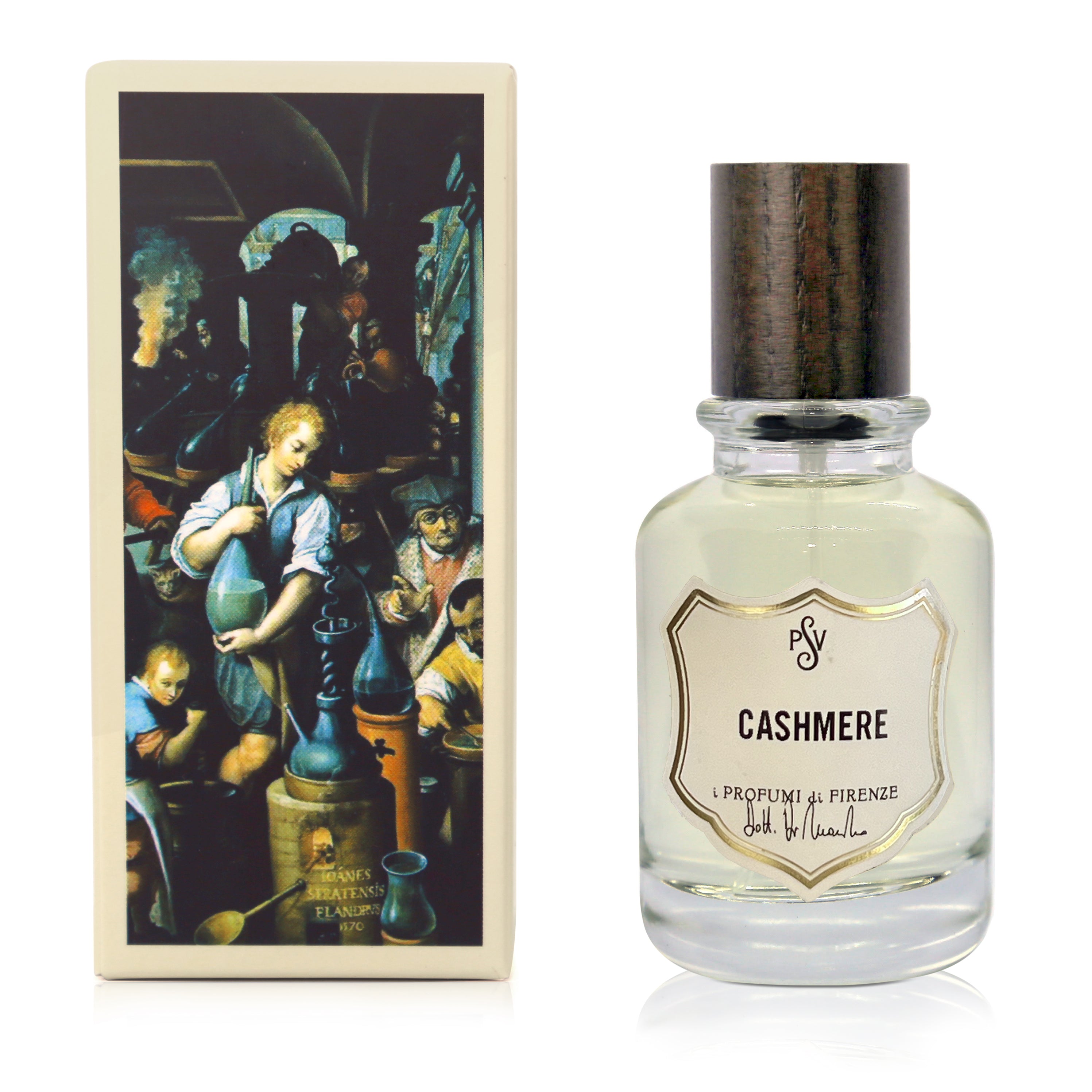 Bottle of Cashmere by i Profumi di Firenze  next to its illustrated box. The clear glass bottle contains a pale yellow liquid and has a dark brown wooden cap.