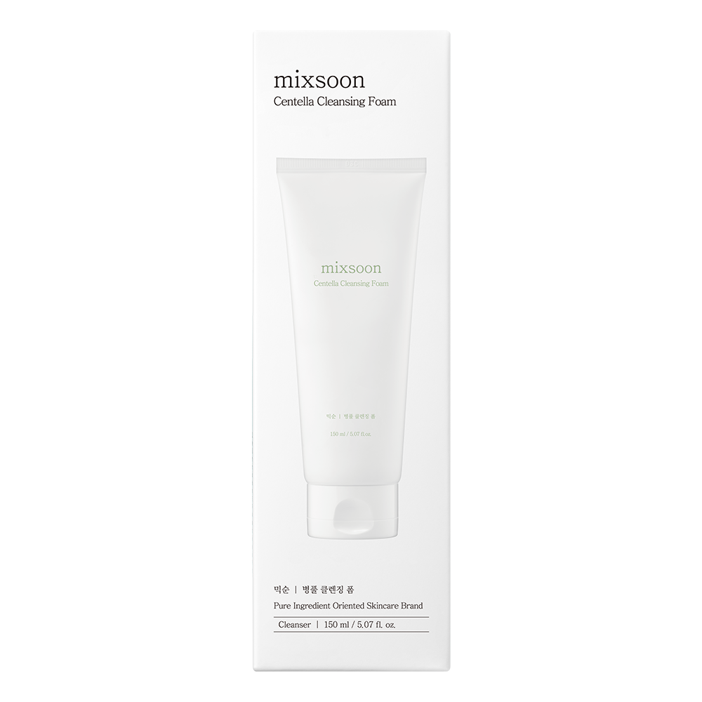 A tall white rectangular box for Mixsoon Centella Cleansing Foam, with a centered illustration of a white cleansing tube and black text on a plain white background.