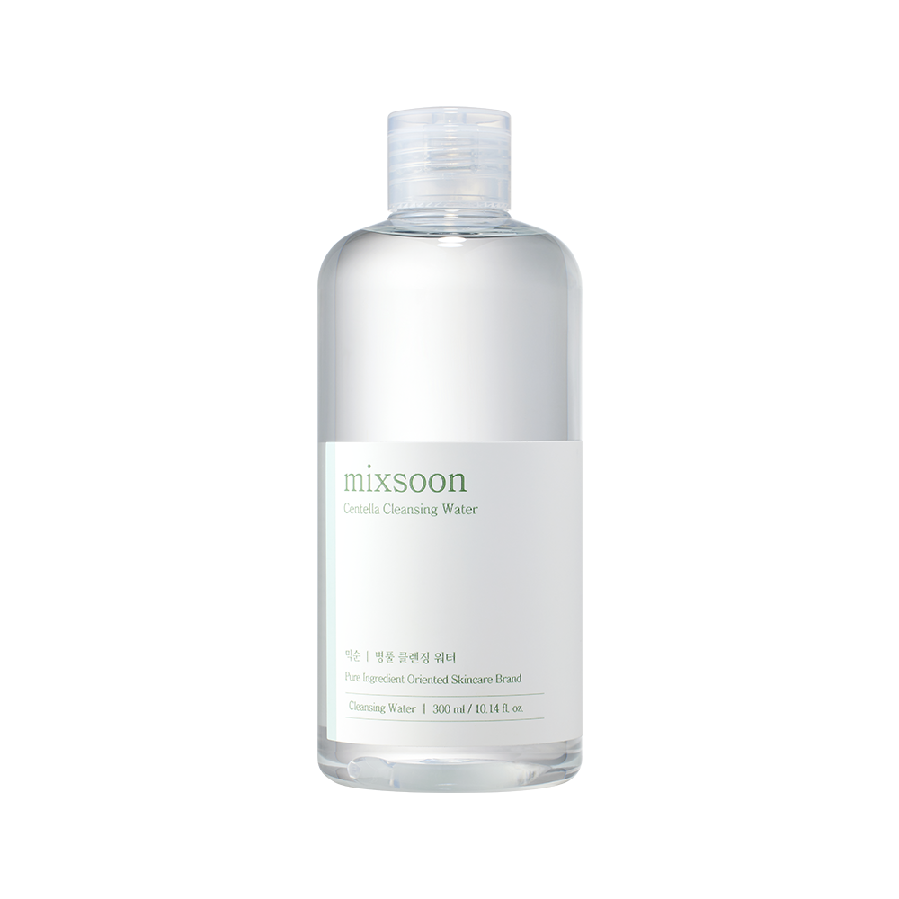 Bottle of mixsoon Centella Cleansing Water, featuring a clear plastic bottle with a white label and a translucent cap, set against a plain white background.