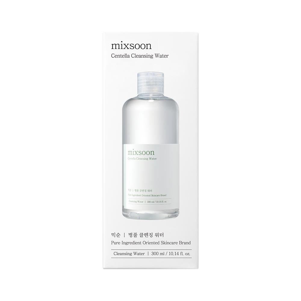 Mixsoon Centella Cleansing Water in a 300 ml white box with a clear bottle graphic on the front.