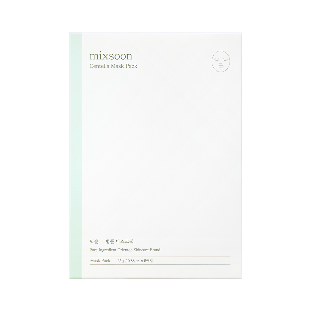 Box of the mixsoon Centella Mask Pack on a solid white background. The packaging is primarily white with a light mint green vertical stripe on the left side and dark gray text.