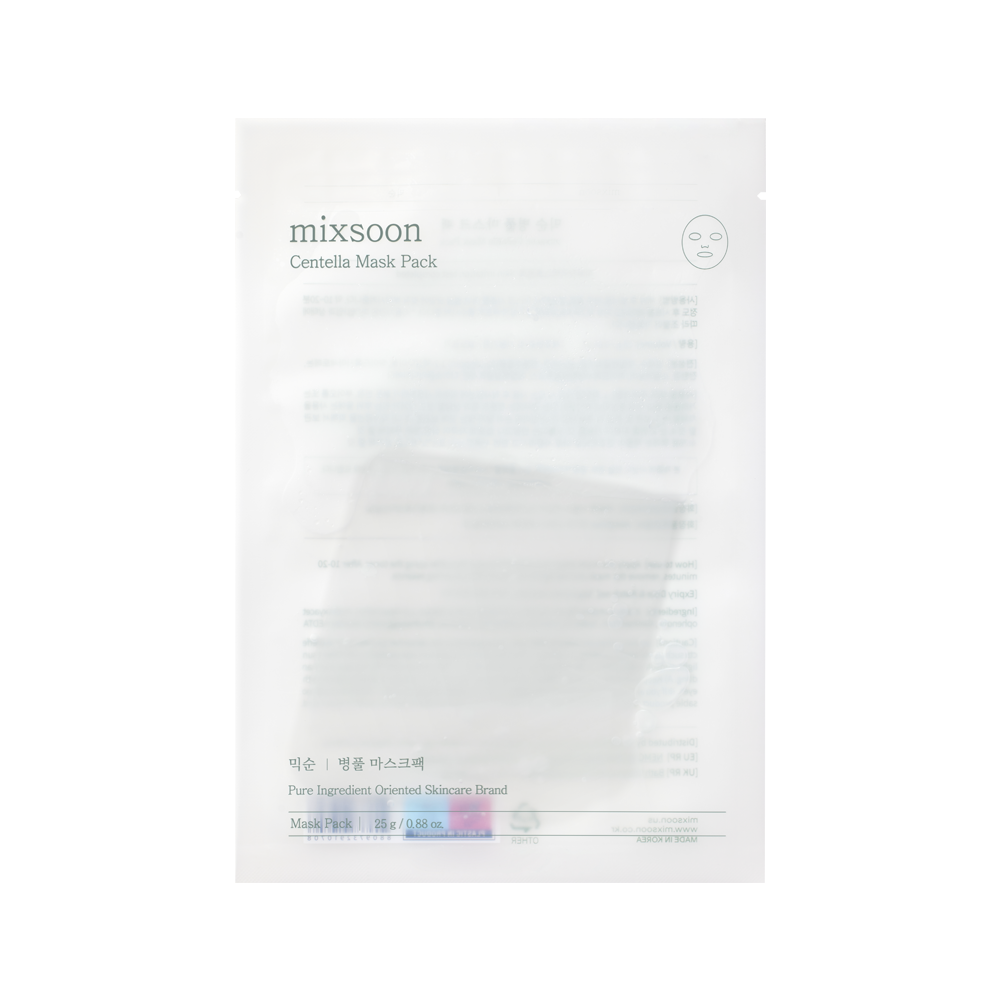 A white resealable pouch of Centella Mask Pack on a plain white background, with faint blue text and a small mask icon near the top right.