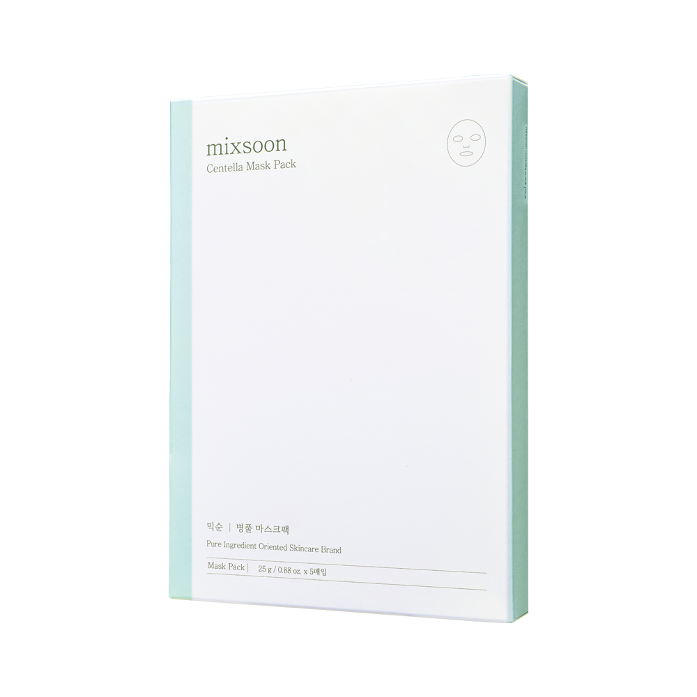 A white rectangular box for a mixsoon Centella Mask Pack, featuring a light mint green spine and side border, photographed on a clean white background.