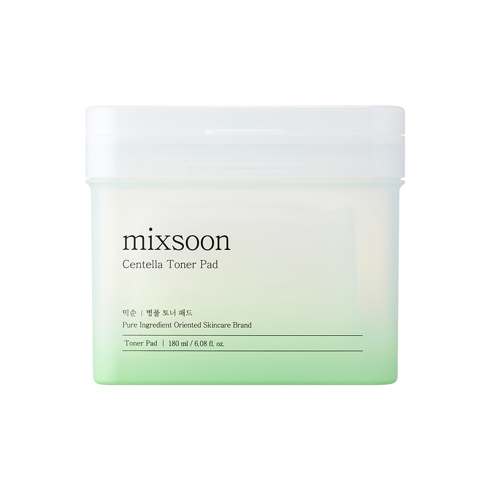 A white plastic container of Mixsoon Centella Toner Pad with a soft green gradient at the bottom, shown on a solid white background.