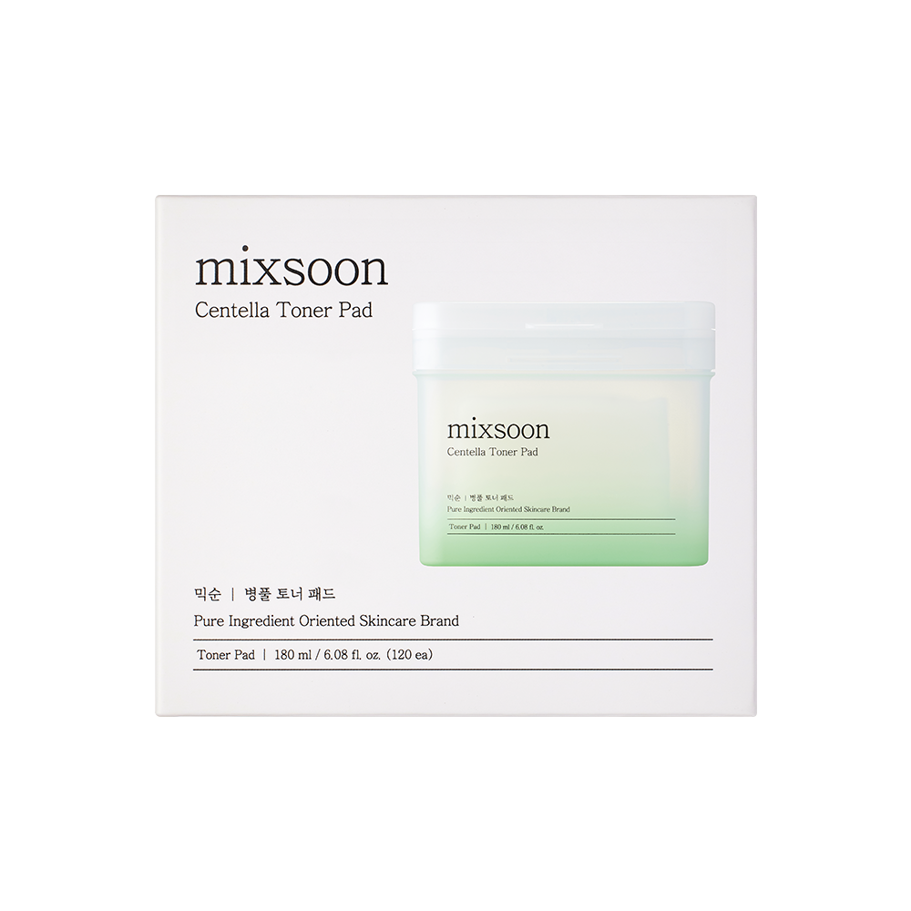 Mixsoon Centella Toner Pad skincare packaging box, featuring a white box with a printed illustration of the product jar on the front.