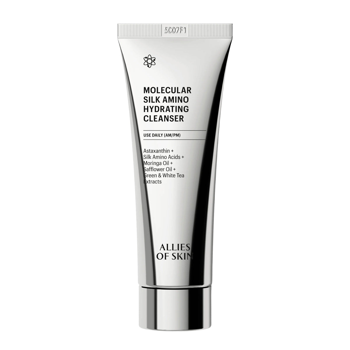 Skincare cleanser tube labeled 'Molecular Silk Amino Hydrating Cleanser' by 'Allies of Skin' on a white background.