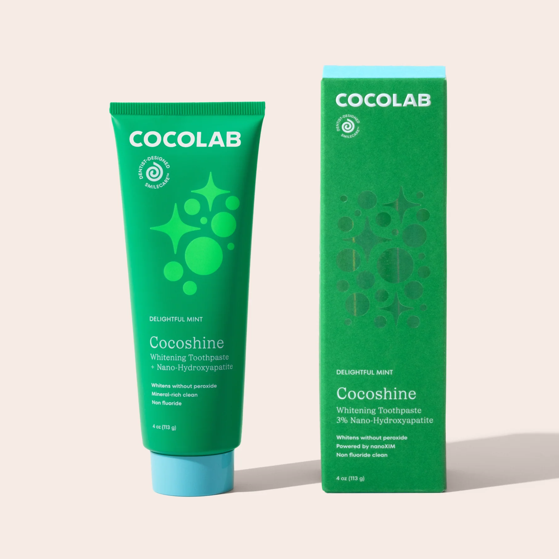 Cocolab Cocoshine toothpaste tube and packaging on a light gray background