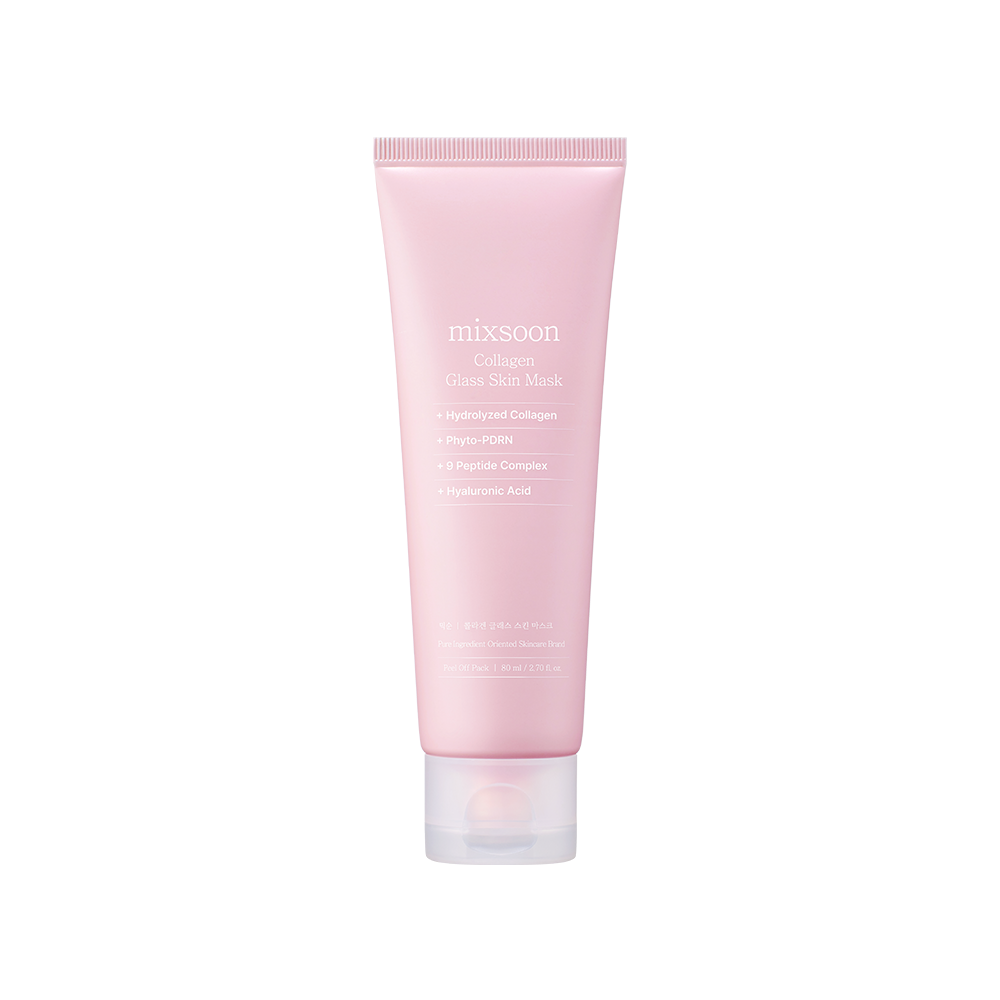 A single pink squeeze tube of mixsoon Collagen Glass Skin Mask with a clear cap, centered on a solid white background.