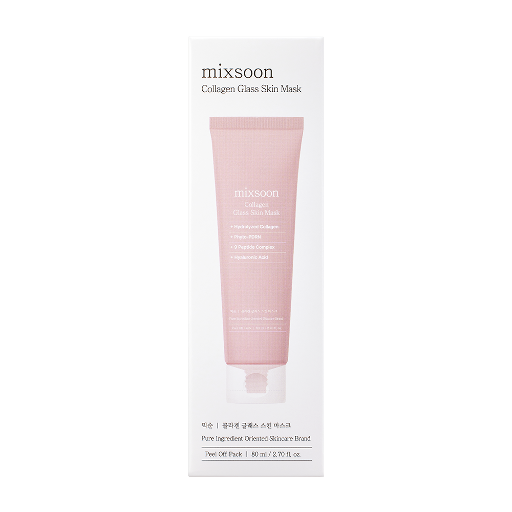 A white rectangular box for the mixsoon Collagen Glass Skin Mask, featuring a centered pink tube illustration and black text on a clean white background.